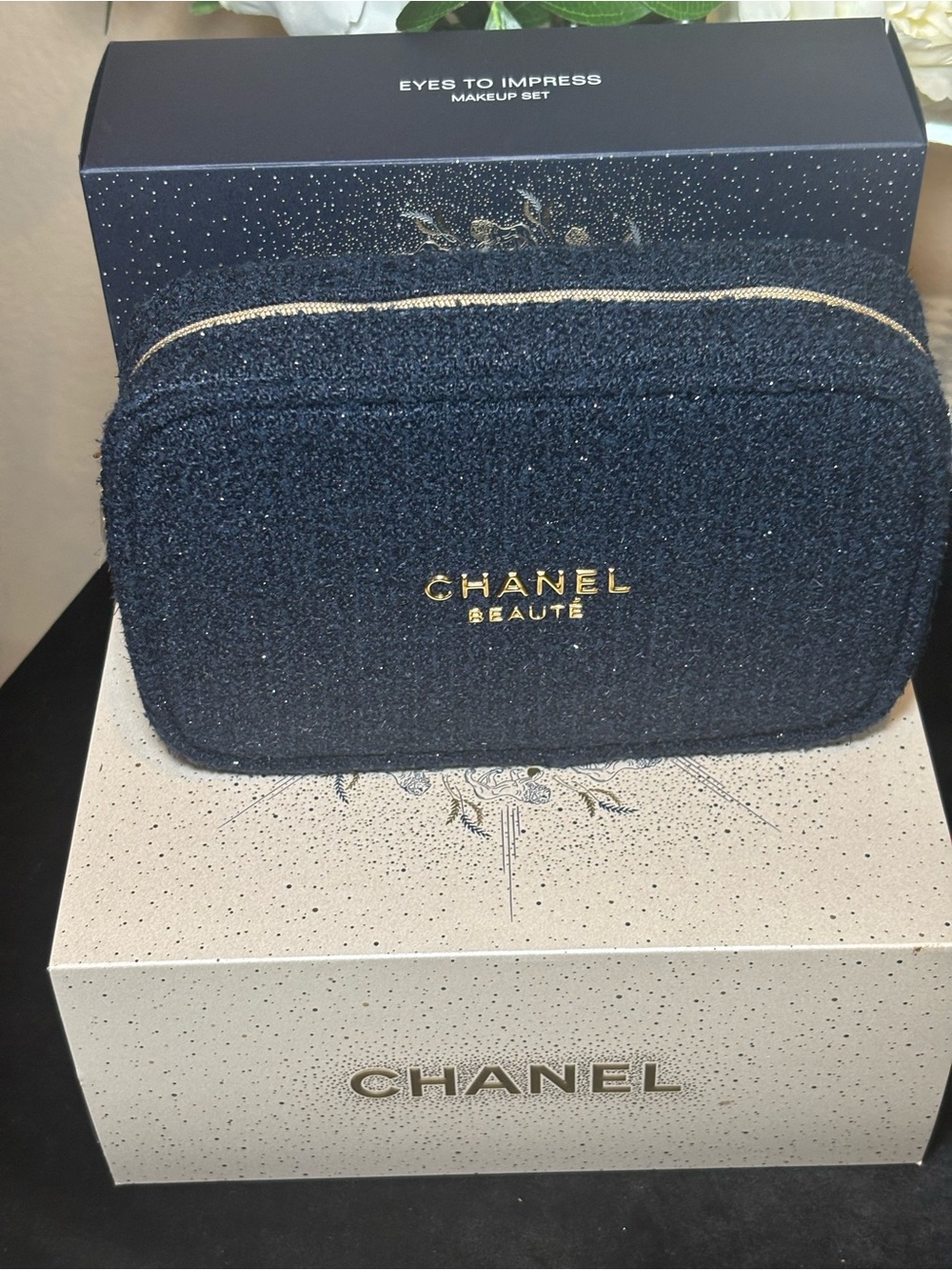 CHANEL Beauté Navy Tweed Zip Cosmetic Case with Gold Logo
